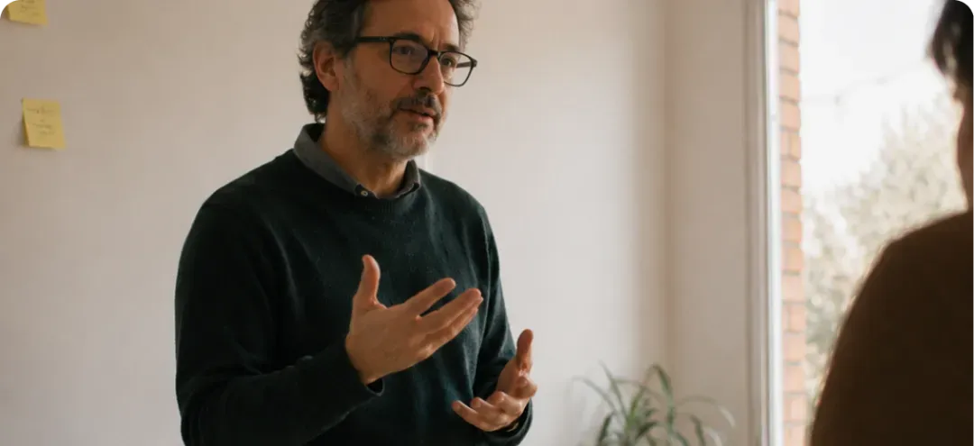 Persona conversando y gesticulando con cercanía